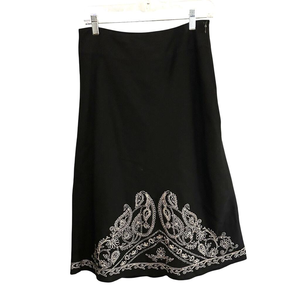 Linen Midi Skirt Black Artsy Embroidered Boho Lined Zip Richard Malcolm SZ 10